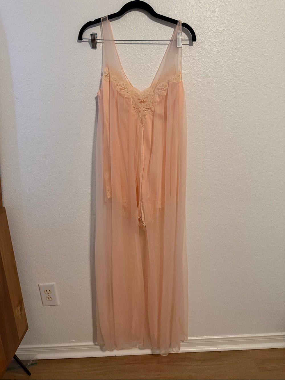 Vintage Women's Sheer Lace Trim Long Nightgown with attached teddy - Peach